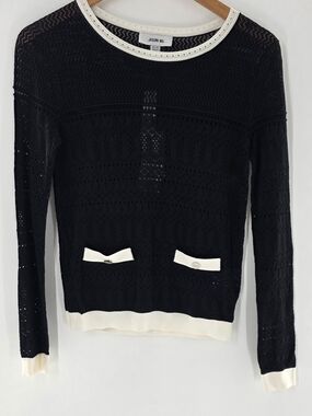 Jason Wu Black Openwork Knit Long Sleeve Top w/ White Trim Womens Size XSmall